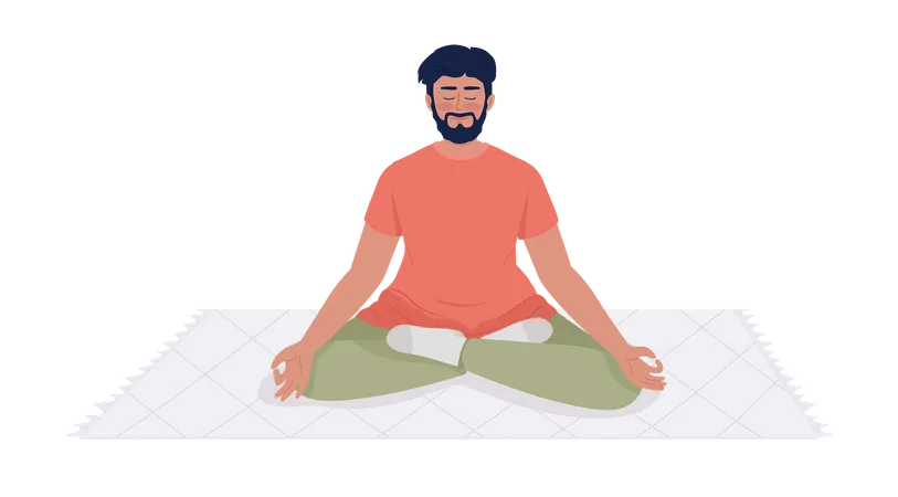 Smiling bearded man meditating on throw rug  Illustration