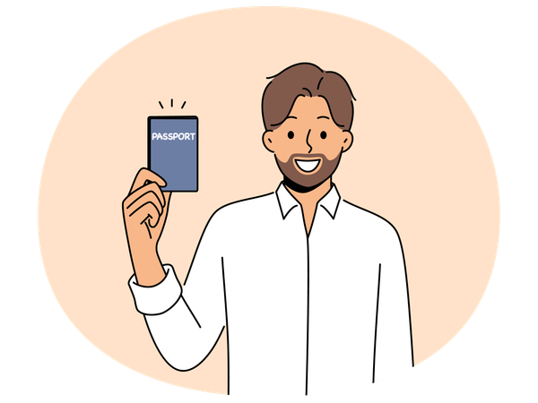 Smiling bearded man showing passport  Illustration
