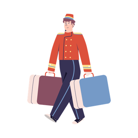 Smiling bellboy in retro uniform carries suitcases Illustration