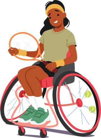 Smiling Black Handicapped Child Girl In Wheelchair Playing Tennis  Illustration