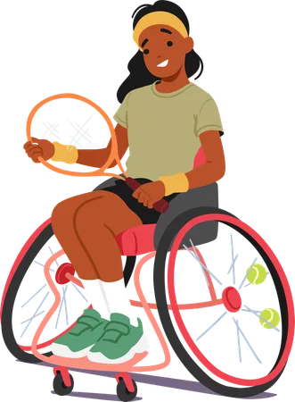 Smiling Black Handicapped Child Girl In Wheelchair Playing Tennis  Illustration