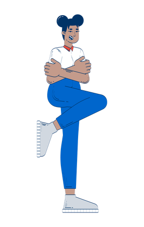 Smiling black woman arms crossed with one leg against wall  Illustration