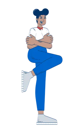 Smiling black woman arms crossed with one leg against wall  Illustration