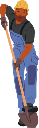 Smiling Black Worker In Blue Overalls And Hard Hat Working with Shovel  Illustration