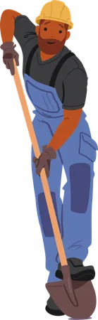 Smiling Black Worker In Blue Overalls And Hard Hat Working with Shovel  Illustration