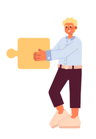 Smiling Blond Man Holding Jigsaw Semi Flat Colorful Vector Character Collaboration Partnership Editable Full Body Person On White Simple Cartoon Spot Illustration For Web Graphic Design イラスト