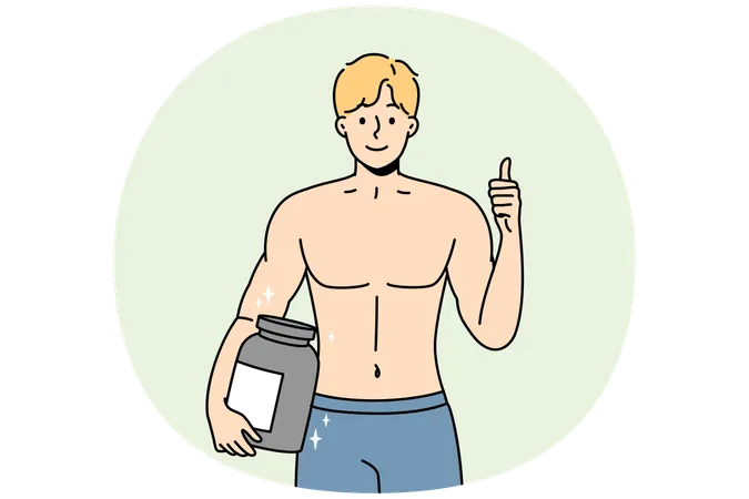 Smiling bodybuilder with protein in hands  Illustration
