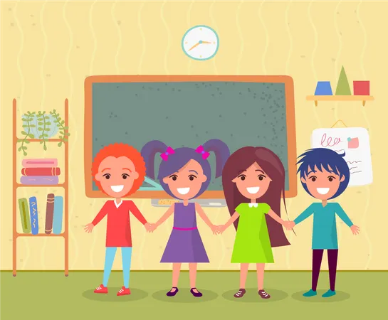 Smiling Boy And Girl Classmates Standing Together And Holding Hands Chalkboard And Shelves With Books On Wall Pupils In Classroom Teenagers Study Vector Back To School Concept Flat Cartoon Illustration