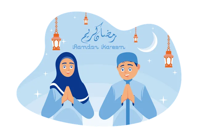 Smiling Boy And Girl Putting Hands On Chest Welcome And Wish You Ramadan Kareem  Illustration