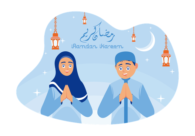 Smiling Boy And Girl Putting Hands On Chest Welcome And Wish You Ramadan Kareem  Illustration