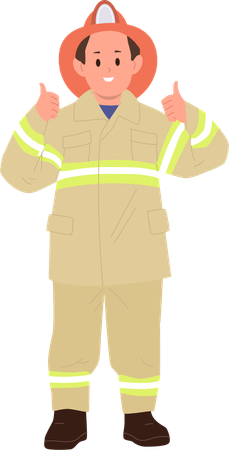 Smiling boy child firefighter gesturing agree and approve hands sign with thumbs up  Illustration