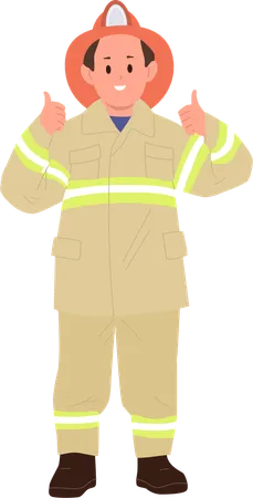 Smiling boy child firefighter gesturing agree and approve hands sign with thumbs up  Illustration