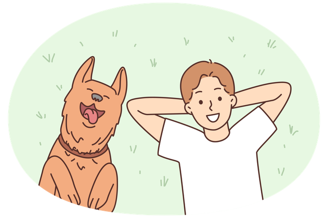 Smiling boy child lying on grass outdoors with cute dog  Illustration