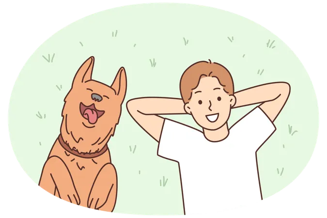Smiling boy child lying on grass outdoors with cute dog  Illustration