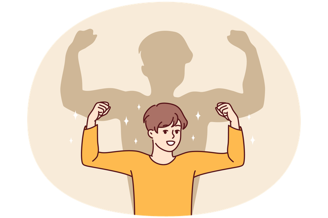 Smiling boy dream on having muscles  Illustration