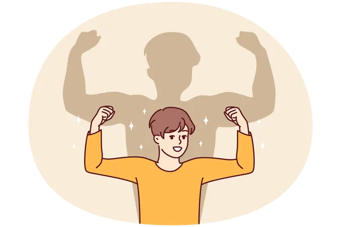 Smiling boy dream on having muscles  Illustration