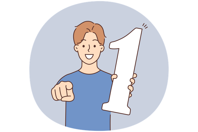 Smiling boy hold number one point at screen  Illustration