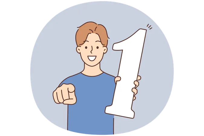 Smiling boy hold number one point at screen  Illustration
