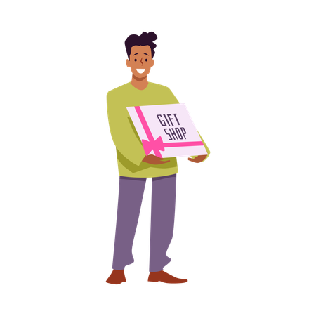 Smiling boy holding big gift card with pink ribbon and bow  Illustration