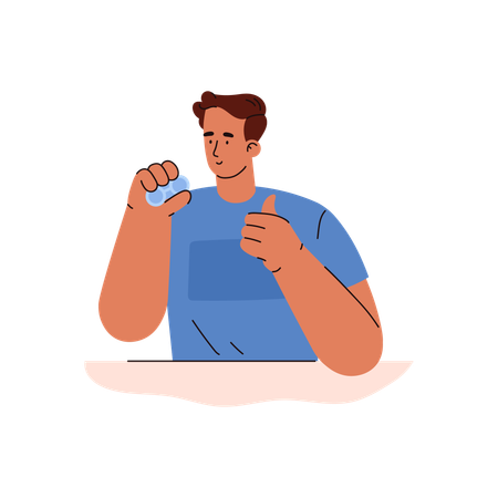 Smiling boy holding blue container with contact lenses  Illustration