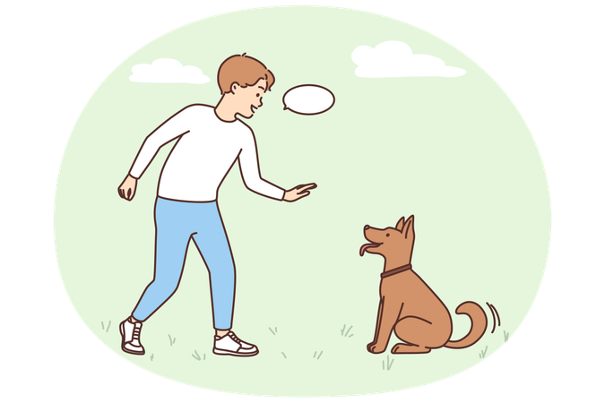 Smiling boy play with dog outdoors  Illustration