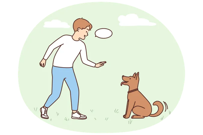 Smiling boy play with dog outdoors  Illustration