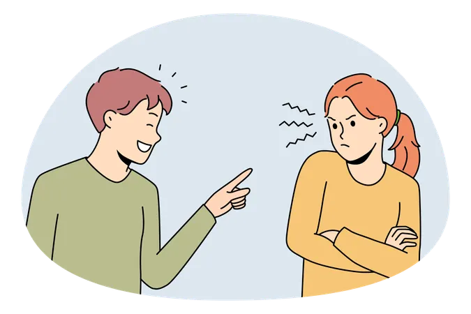 Smiling boy standing pointing at irritated stressed girl having fun and kidding having problems in communication  Illustration