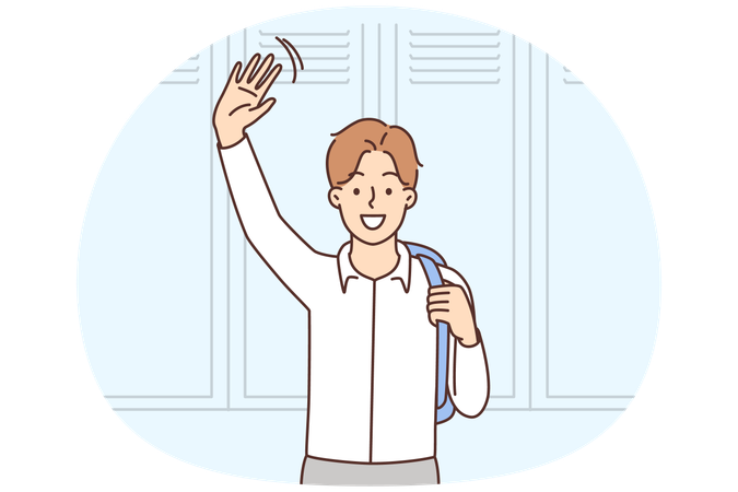 Smiling boy with backpack waving saying hello at school  Illustration