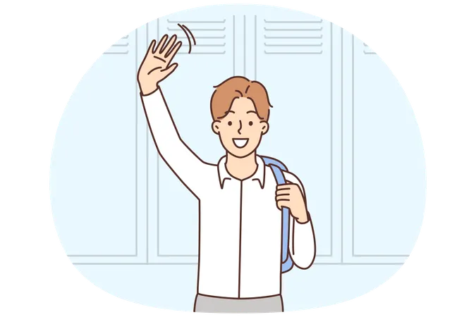 Smiling boy with backpack waving saying hello at school  Illustration
