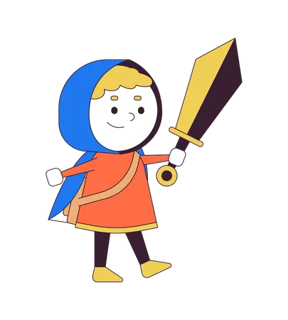 Smiling Boy With Sword 2 D Linear Cartoon Character Brave Little Warrior Adventurer Isolated Line Vector Person White Background Costume Party For Children Color Flat Spot Illustration Illustration