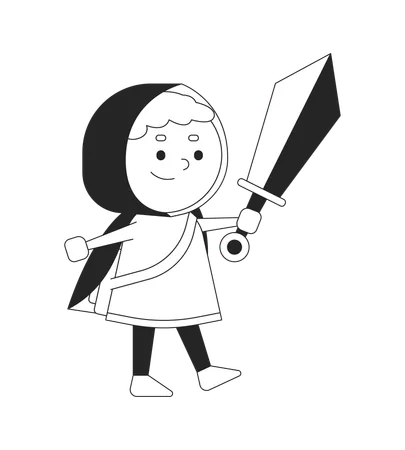 Smiling Boy With Sword Black And White 2 D Line Cartoon Character Brave Little Warrior Adventurer Isolated Vector Outline Person Costume Party For Children Monochromatic Flat Spot Illustration Illustration