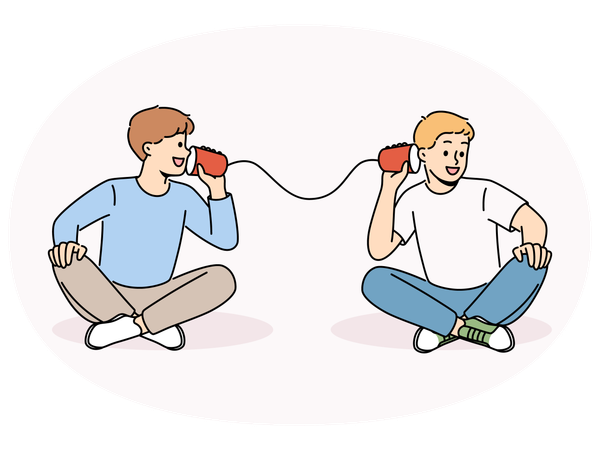 Smiling boys talk on tin can phone  Illustration