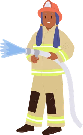 Smiling brave preteen girl child firefighter standing with fire hose  Illustration