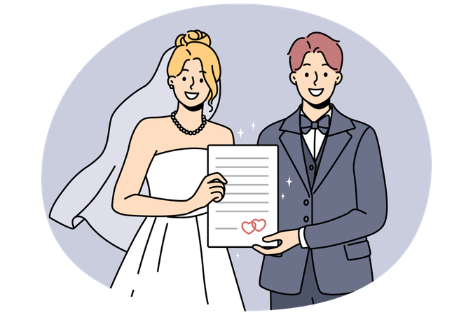 Smiling bride and groom hold marriage certificate  Illustration