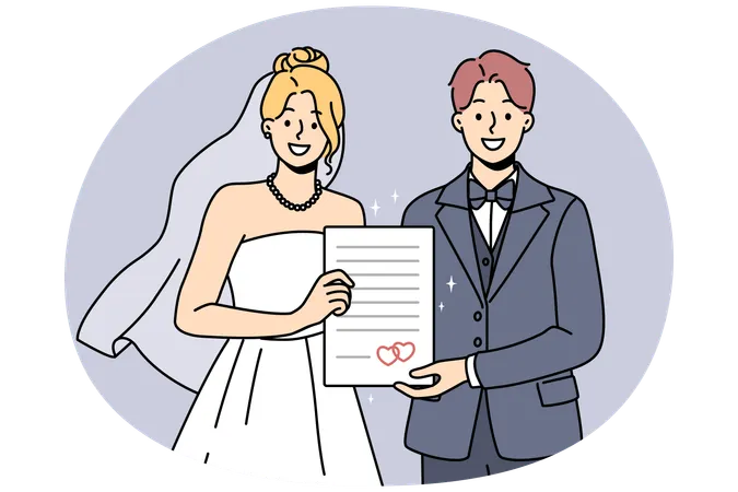 Smiling bride and groom hold marriage certificate  Illustration