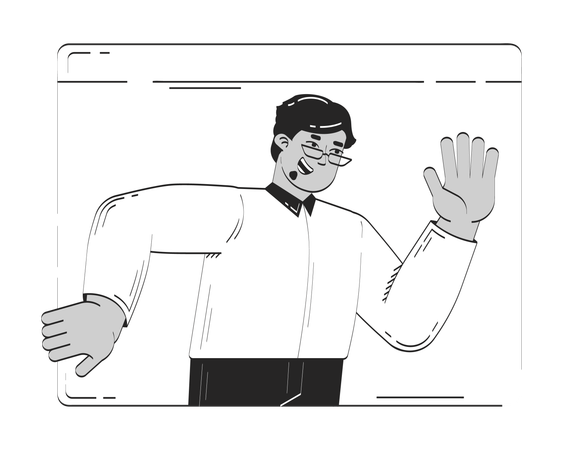 Smiling business casual arab man waving in web window  Illustration