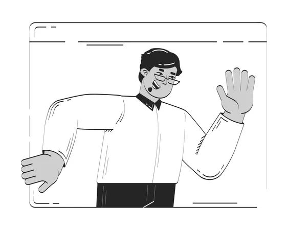 Smiling business casual arab man waving in web window  Illustration