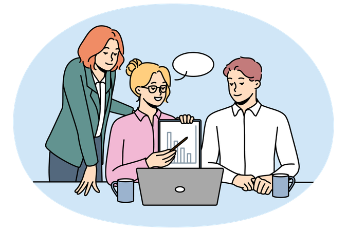 Smiling business people talk on webcam make presentation  Illustration