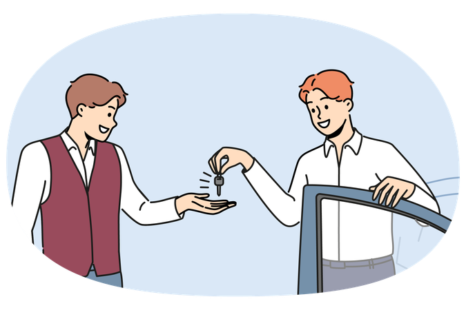 Smiling businessman give car key to parking staff  Illustration