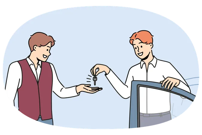 Smiling businessman give car key to parking staff  Illustration