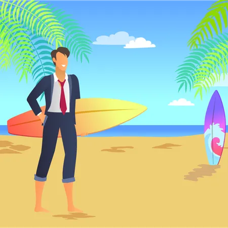 Smiling Businessman In Suit Vector Illustration Of Worker On Sunny Beach Holding Bright Yellow And Orange Surfboard Three Clouds Palm S Leaves Illustration