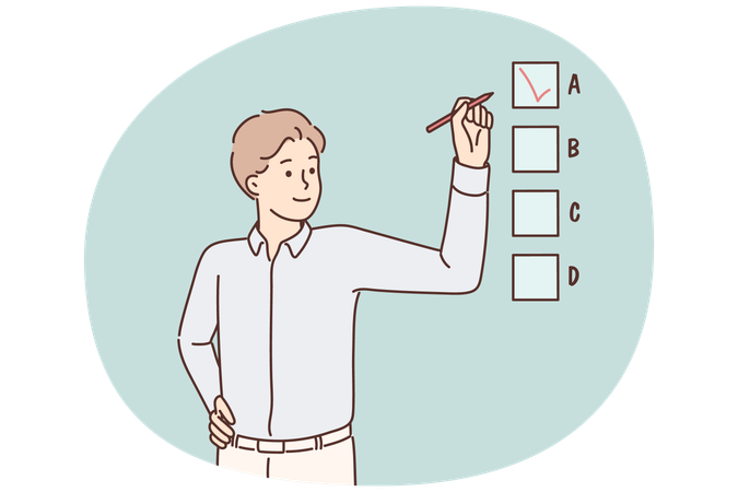 Smiling businessman involved in multiple choice test  Illustration