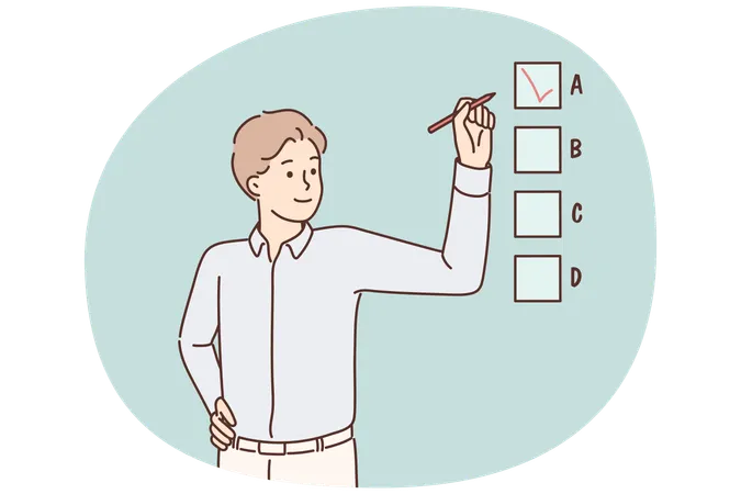 Smiling businessman involved in multiple choice test  Illustration