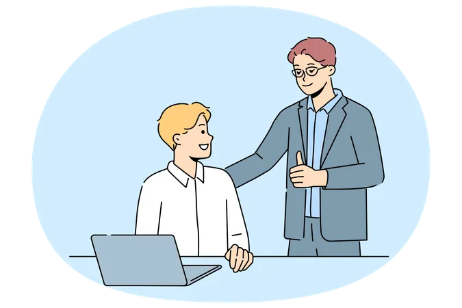 笑顔のビジネスマンが、ノートパソコンで作業している従業員に親指を立てている  イラスト