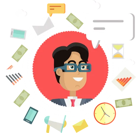 Smiling Businessman with glasses managing creative office work  Illustration