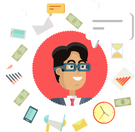 Smiling Businessman with glasses managing creative office work  Illustration