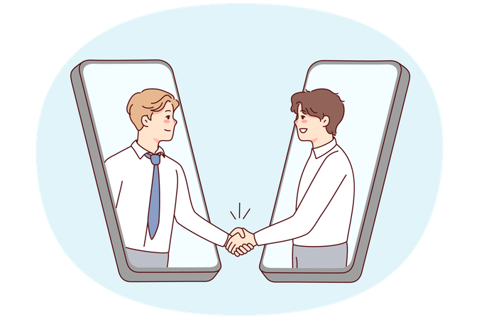 Smiling businessmen handshake online  Illustration