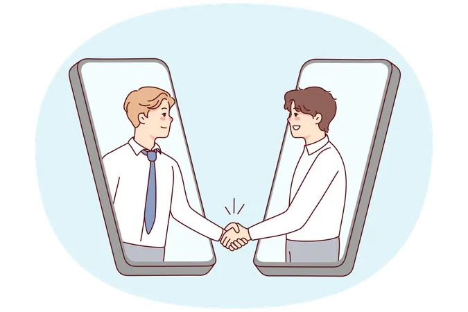 Smiling businessmen handshake online  Illustration