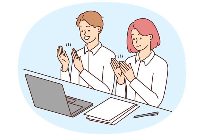 Smiling businesspeople watch online conference applaud  Illustration