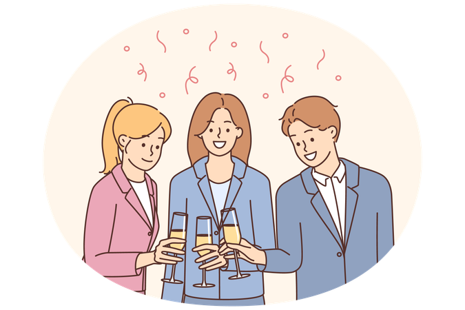 Smiling businesspeople with glasses celebrate in office  Illustration
